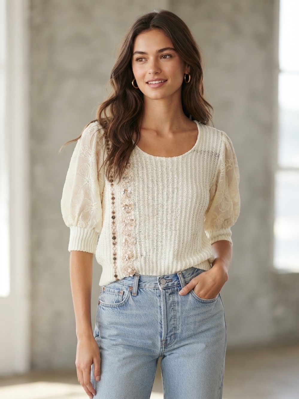 POL Cream Scoop-Neck Puff Sleeve Knit Sweater